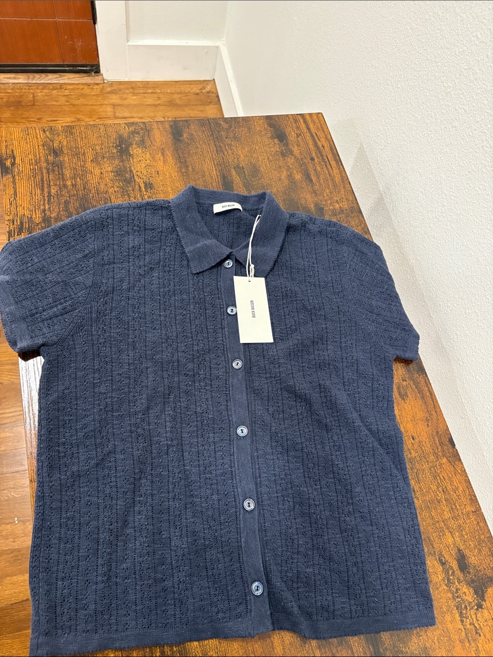 Buck Mason Dark Navy Coastal Linen Pointelle Polo Large Retail $138